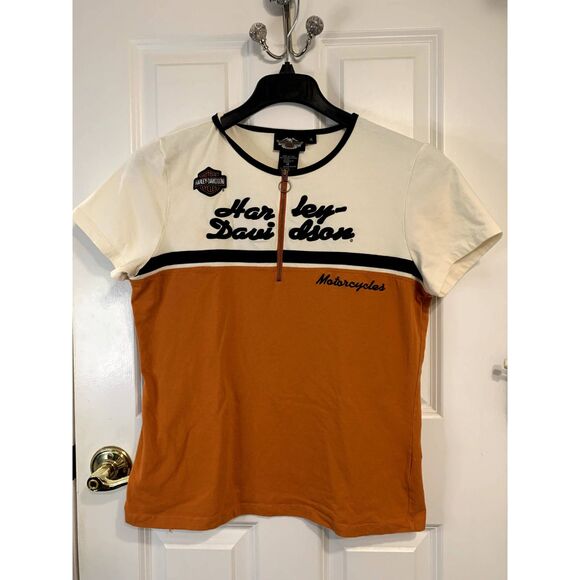 Harley-Davidson Tops - Harley Davidson Color Block Orange White Logo Zip Down Shirt Size XL